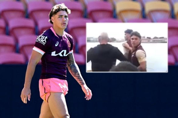 Broncos star Reece Walsh was involved in a spat with a teenager at a fan day in Sydney on Thursday (inset).