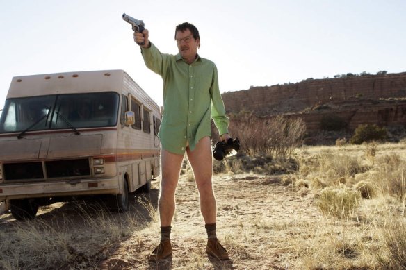 Walter White next to the Winnebago he uses as a mobile meth lab in the pilot episode of Breaking Bad.