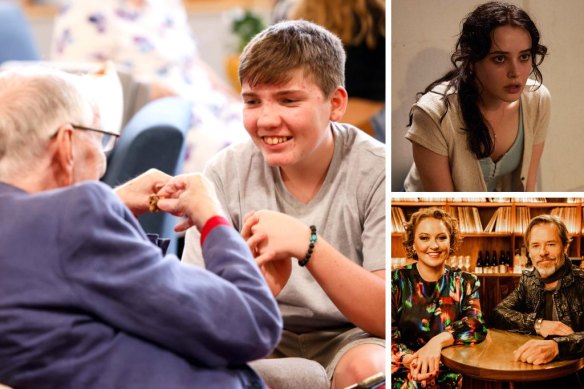 Clockwise from main: Jim and Miles in Old People’s Home for Teenagers, Katherine Langford in Savage River and Zan Rowe with Guy Pearce.