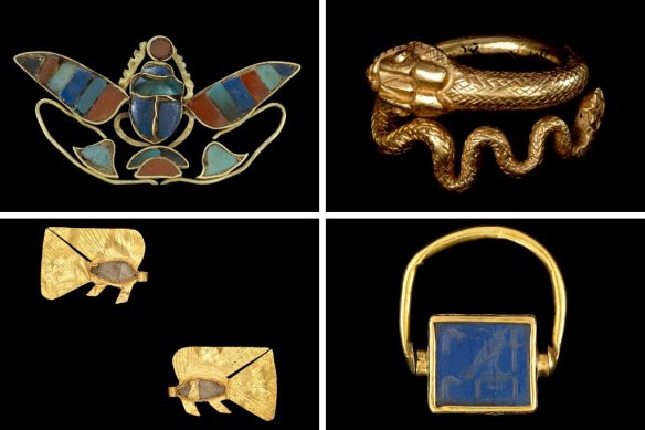 Jewellery from the NGV’s Pharaoh exhibition, clockwise from top left: Ornament of a winged scarab holding a sun-disc; ring in the shape of a snake; ring showing Thutmose III as a sphinxtrampling over an enemy; and Amulets in the shape of a fish.