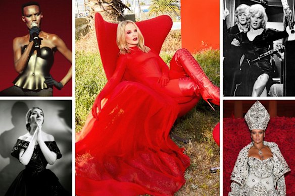 Clockwise from main: Kylie Minogue sings Padam Padam, Marilyn Monroe in Some Like It Hot, Rihanna in “pope” robe at the 2018 Met Gala, Maria Callas in La Traviata, Grace Jones on stage.