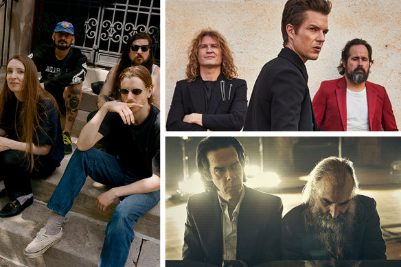 Clockwise from left: Dry Cleaning, The Killers and Nick Cave and Warren Ellis. 