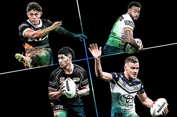 NRL players under 22 (clockwise from top left): Reece Walsh, Ezra Mam, Zac Laybutt and Isaiya Katoa.