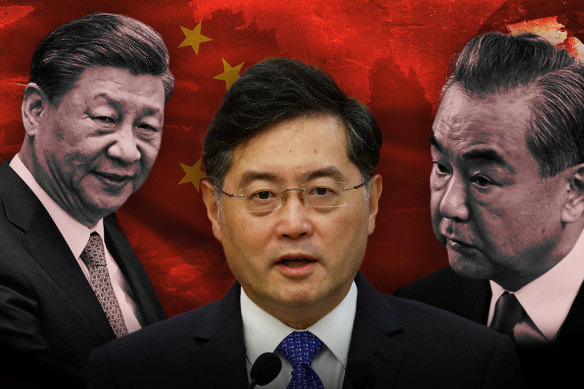 Power play: Chinese Foreign Minister Qin Gang (centre) with President Xi Jinping and top diplomat Wang Yi. 