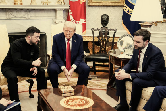 Ukrainian President Volodymyr Zelensky with US President Donald Trump and Vice President J.D. Vance in their infamous White House meeting on February 28. 