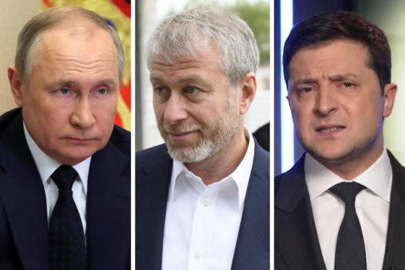 Russian President Vladimir Putin, left, met with oligarch Roman Abramovich, centre, who brought a letter from Ukraine’s President Volodymyr Zelensky. 