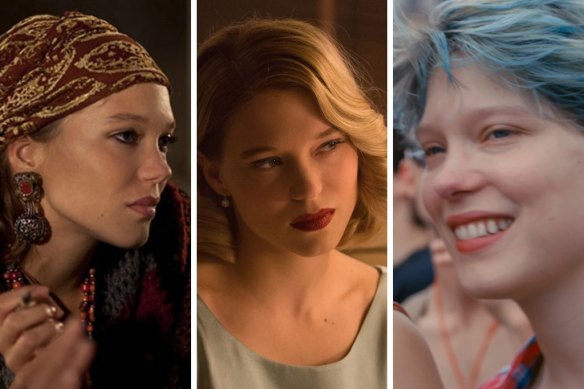 Léa Seydoux in, from left, Saint Laurent, No Time to Die and Blue Is the Warmest Colour.