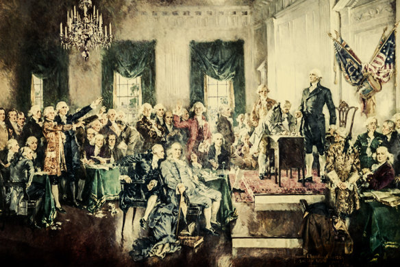 The signing of the US Constitution with George Washington, Benjamin Franklin, and Thomas Jefferson at the Constitutional Convention of 1787.