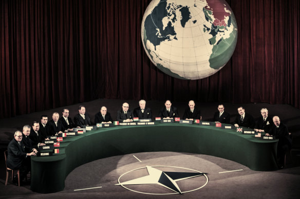 A meeting of NATO heads in 1957 with Britain’s Harold Macmillan second from right and US president Dwight Eisenhower far right.