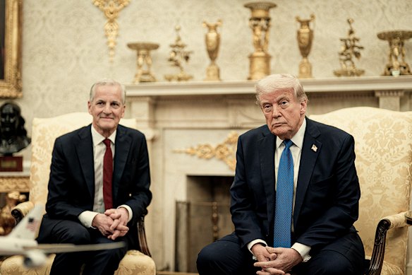 Gold is the decorative hallmark of the Oval Office under Trump, seen here hosting Norwegian Prime Minister Jonas Gahr Store in April. 