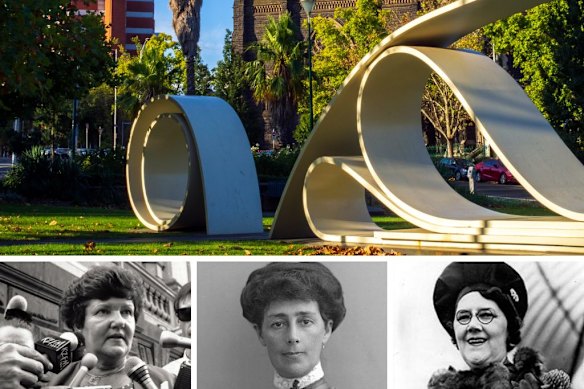 Top: The Great Petition sculpture. Bottom, from left, Joan Kirner, Vida Goldstein, Lady Millie Peacock.