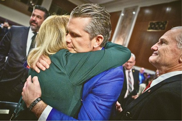 Hegseth, then a nominee for defence secretary, with his mother, Penelope, and father, Brian, at his confirmation hearing in Washington in January 2025.