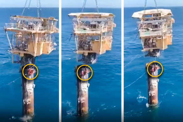 The two workers on the platform were not the only ones at risk, with broken steel cables crashing into the nearby construction vessel, endangering the crew.