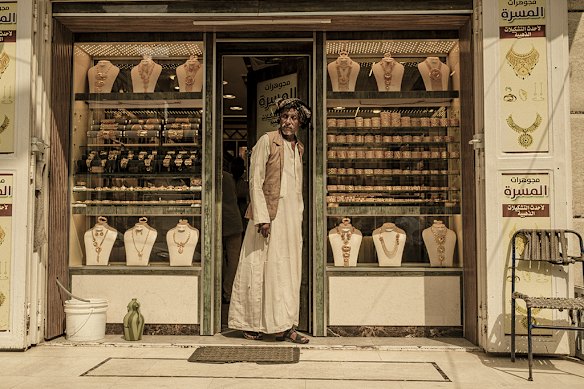 A customer leaves a jewellery store in Port Sudan on the Red Sea, a hub for the flow of weapons funded by Sudan’s gold production. 