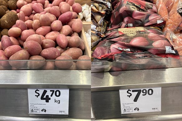 Fotos tiradas por voluntários mostram que os compradores podem economizar US$ 1,50 comprando dois quilos de batatas vermelhas embrulhadas em plástico, em comparação com batatas soltas.