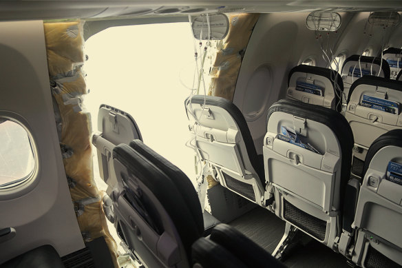 The hole left after a “door plug” blew out midair on an Alaska Airlines flight in a Boeing 737 over Oregon in the United States in January.