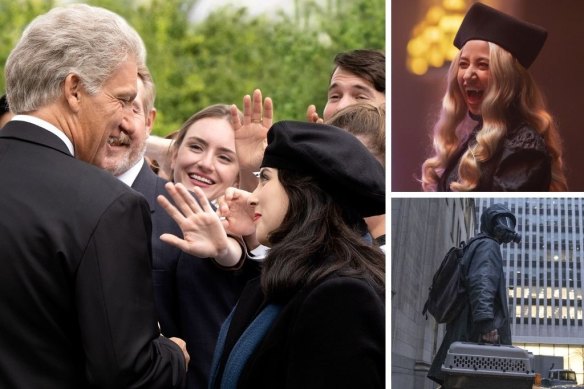 Clockwise from main: Clive Owen and Beanie Feldstein in Impeachment, What We Do in the Shadows and Y: The Last Man.