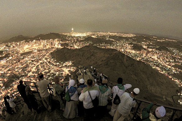 Pilgrims view Mecca from the Jabal al-Nour (mountain of the light) in 2019. A cave in the mountain is believed to be the site of Muhammad’s first revelation from God.
