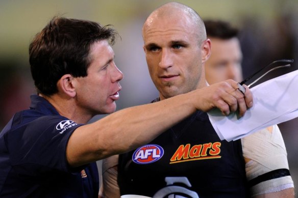 Carlton coach Brett Ratten and Chris Judd in 2011.