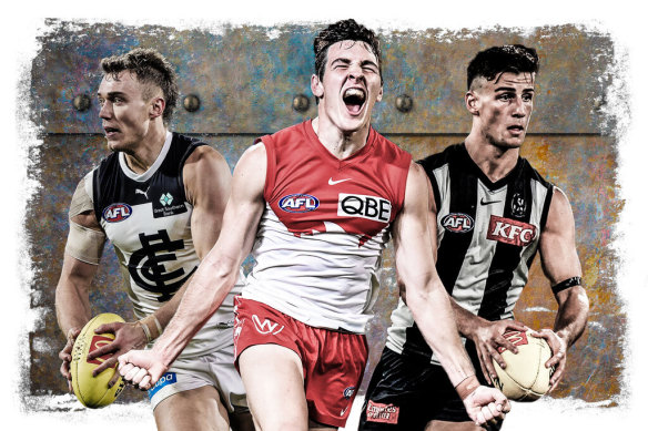 Some of the AFL’s Iron Men: Carlton’s Patrick Cripps, Sydney’s Errol Gulden, and Collingwood’s Nick Daicos.