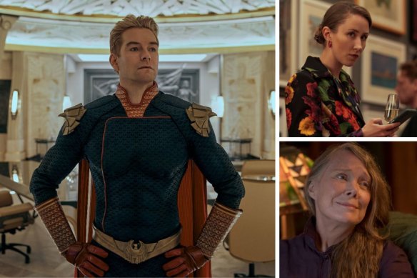 Clockwise from main: Antony Starr as Homelander in The Boys, Erin Doherty in Chloe and Sissy Spacek in Night Sky.