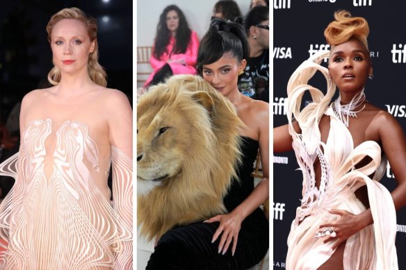 From left, Gwendoline Christie in Iris van Herpen, Kylie Jenner in Schiaparelli and Janelle Monáe in van Herpen.