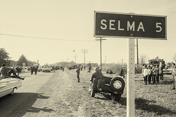 The National Guard was called in to help patrol a civil rights march from Selma to Montgomery in Alabama in 1965.