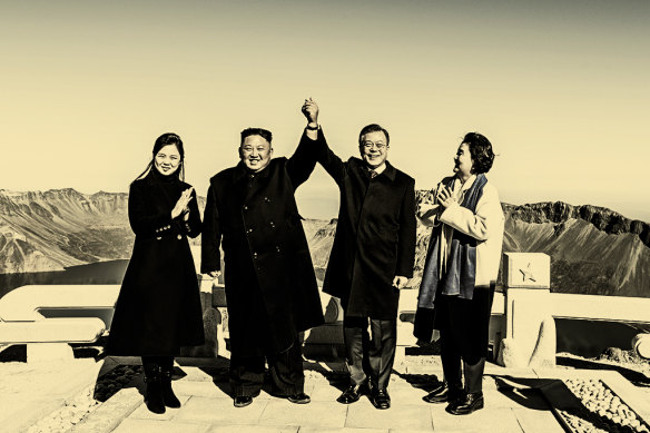 Kim Jong-un and South Korea’s then president Moon Jae-in in 2018, flanked by their wives, Ri Sol-ju (far left) and Kim Jung-sook (far right), on Mount Baektu ahead of talks on denuclearising the peninsula.   




