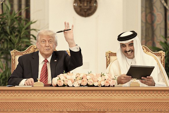 Donald Trump and Sheikh Tamim at a signing ceremony in Doha on May 14. 
