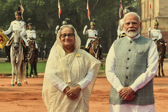 Sheikh Hasina and Indian Prime Minister Narendra Modi during a ceremonial reception in New Delhi in  June 2024.
