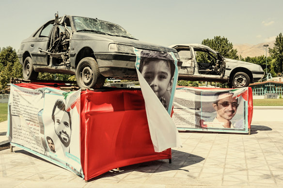 The cars in which scientists were assassinated are exhibited in Tehran in 2012.