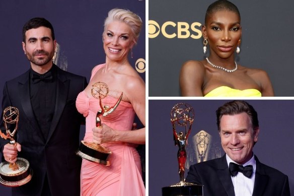 Emmy winners (clockwise from main): Brett Goldstein and Hannah Waddingham, Michaela Coel and Ewan McGregor.