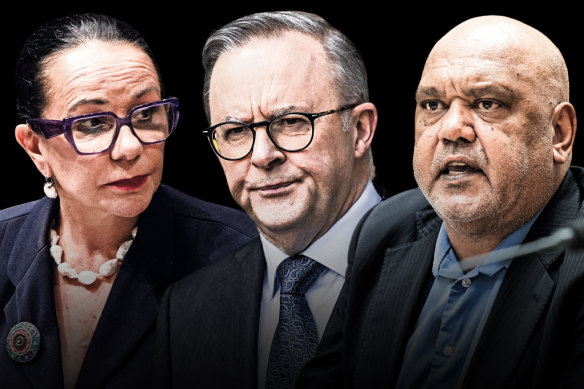 Voice advocates Indigenous Affairs Minister Linda Burney, Prime Minister Anthony Albanese and activist Noel Pearson.