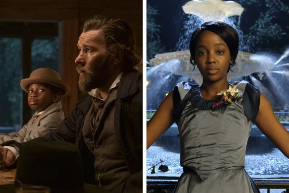 From left: Chase Dillon as Homer, Joel Edgerton as Ridgeway and Thuso Mbedu as Cora in The Underground Railroad.