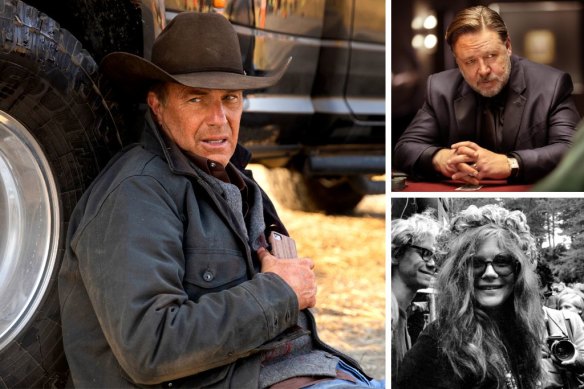 Clockwise from main: Kevin Costner in Yellowstone, Russell Crowe in Poker Face and Janis: Little Girl Blue.