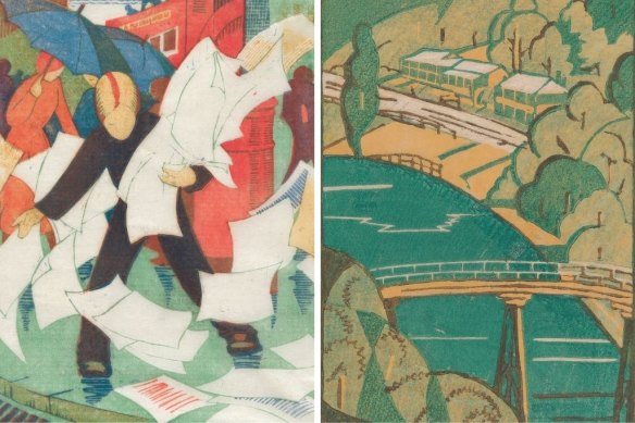 From left, Ethel Spowers, The gust of wind, 1930, and Eveline Syme, The Yarra at Warrandyte, 1931.