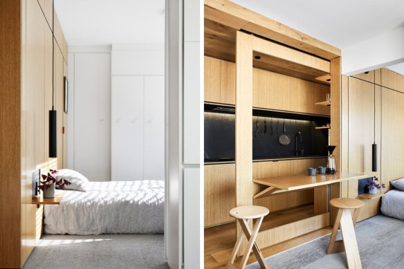Tsai Design’s remodelled apartment features concealed bedroom storage (left) and a fold-out dining table contained within a sliding wall.