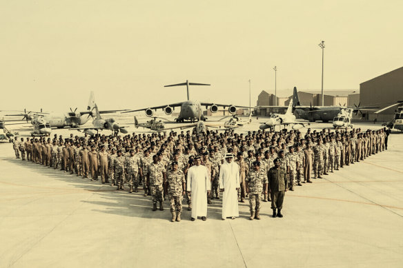 Qatari leaders with soldiers during a visit to Al Udeid Air Base in Doha in 2017.