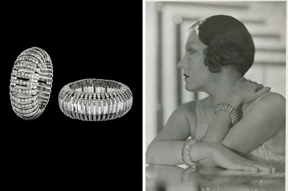 From left: Gloria Swanson bracelet, 1930; Swanson in Perfect Understanding, 1933.