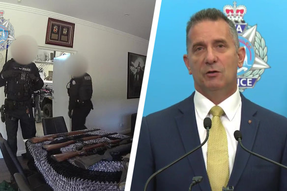 WA Police officers with firearms seized under Firearm Prohibition Orders (left) and Police Minister Paul Papalia.