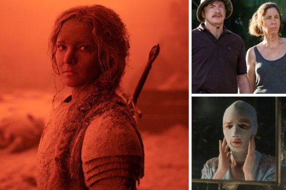 Clockwise from main: Morfydd Clark as Galadriel in The Lord of the Rings: The Rings of Power, Rhys Darby and Brooke Dillman in Wrecked and Naomi Watts in Goodnight Mommy.