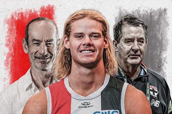 After a series of big moves in 2025, St Kilda are firmly in the spotlight in 2026. From left are president Andrew Bassat, star recruit Tom De Koning, and coach Ross Lyon.