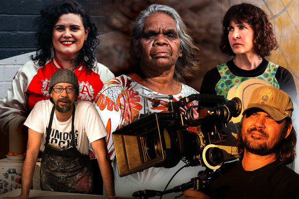 Some of the artists whose work will feature in Shadow Spirit. Clockwise from top left: Paola Balla, Rene Kulitja, Judy Watson, Warwick Thornton and Brian Robinson