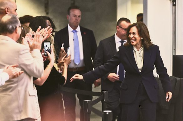 Former vice president Kamala Harris greets supporters ahead of a fireside chat about the future of elections in the US,  in Las Vegas in May.