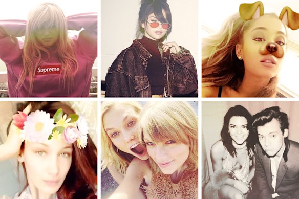 2016, clockwise from top left: Kylie Jenner, Selena Gomez, Ariana Grande,  then-couple Kendall Jenner and Harry Styles, Karlie Kloss and Taylor Swift, and Bella Hadid.