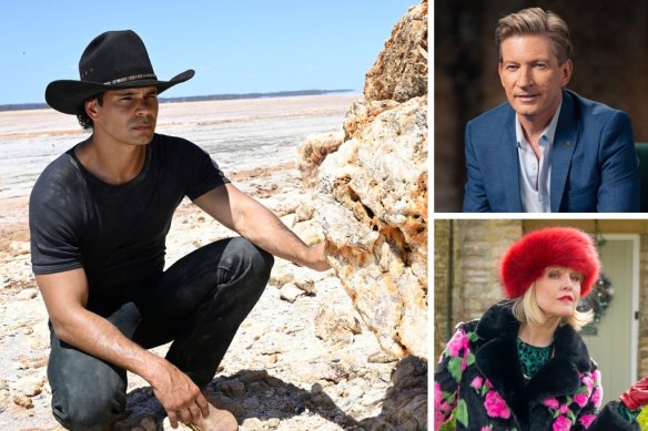 Clockwise, from left: Mark Coles Smith in Mystery Road: Origin, David Wenham and Ashley Jenson as Agatha Raisin.