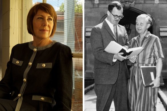 Left: Louise Adler in her office at MUP in 2013. Right: Peter Ryan, director of Melbourne University Press, with senior editor Barbara Ramsden in 1963.