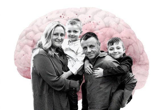 Kelly Wilson in 2021 with her sons and partner Bruce, who found her having a stroke.