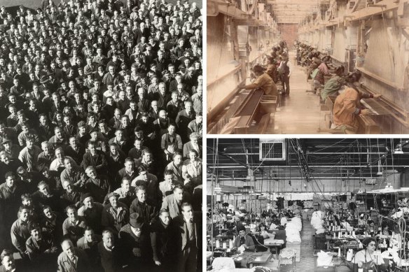 From left, Wolfgang Sievers’ Shift change at Kelly & Lewis Engineering Works, Springvale, Melbourne 1949; Kusakabe Kimbei, Weaving carpets, 1880s-1910s; Viv Méhes, A Melbourne textile factory, 1981.