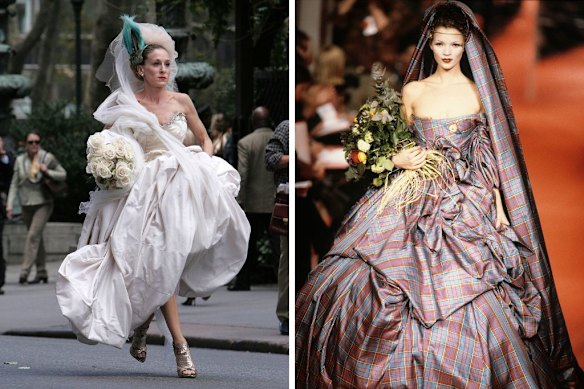 From left: Sarah Jessica Parker wears a Vivienne Westwood wedding gown on the set of Sex and the City: The Movie, New York City, 2007; Kate Moss wears Vivienne Westwood Look 49, from the Anglomania collection, autumn-winter 1993-94. 
